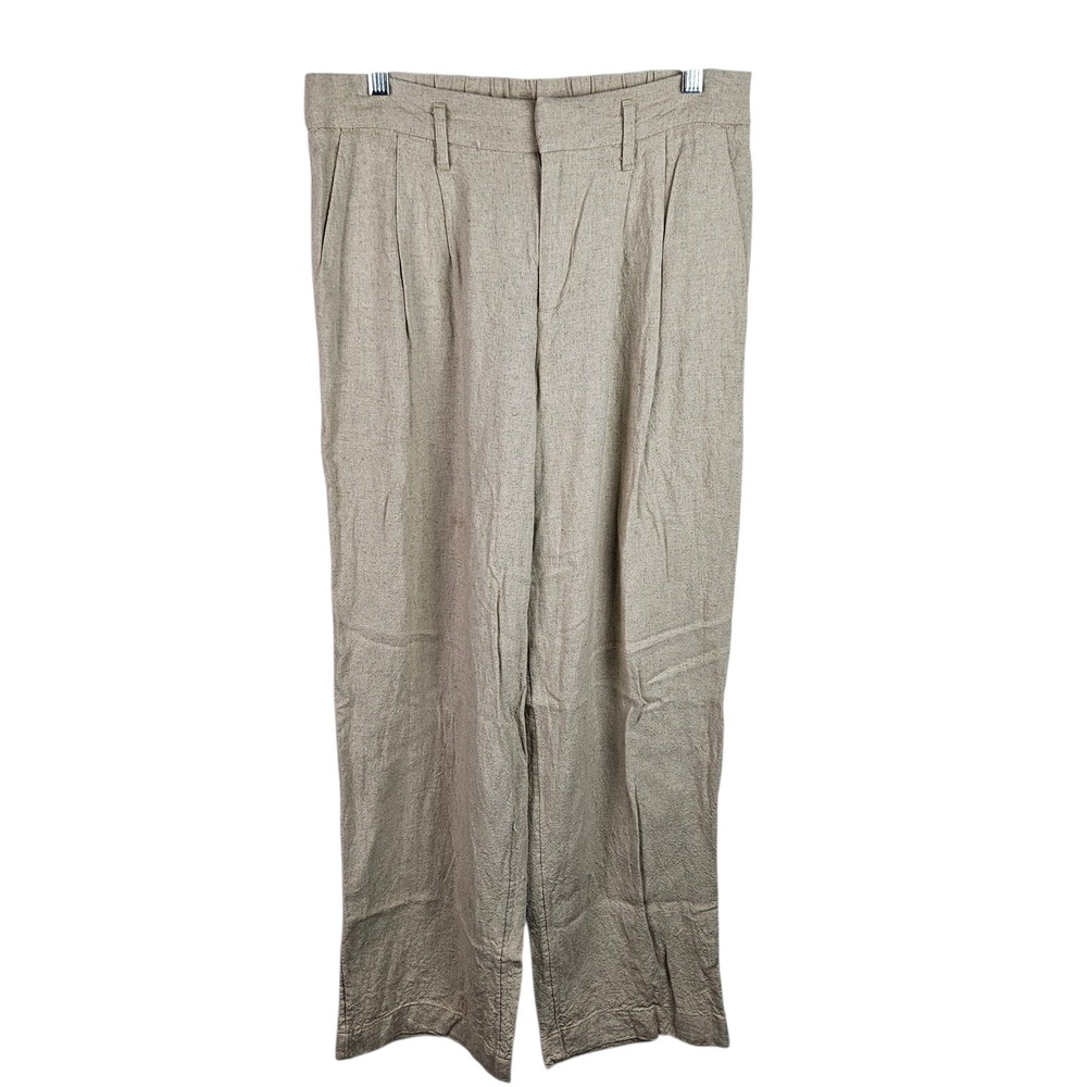 A New Day Womens Linen Blend‎ Pleated Wide Leg Pants Size 6 Beige Elastic Waist